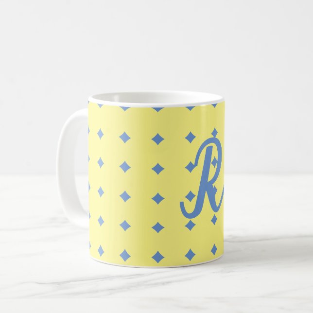 yellow & blue, pretty pattern, monogram mug (Front Left)