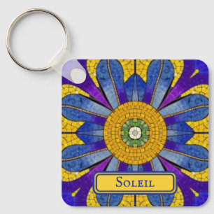 Yellow & Blue Provencal Mosaic add text both sides Key Ring