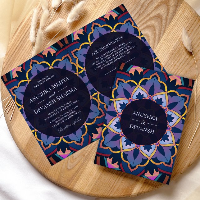 Yellow Blue Purple Ethnic Mandala Indian Wedding Invitation (Creator Uploaded)