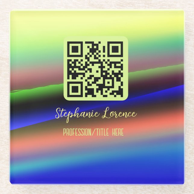 Yellow blue Q R code add name profession title ima Glass Coaster (Front)