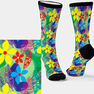 Yellow Blue Red Modern Floral  Socks