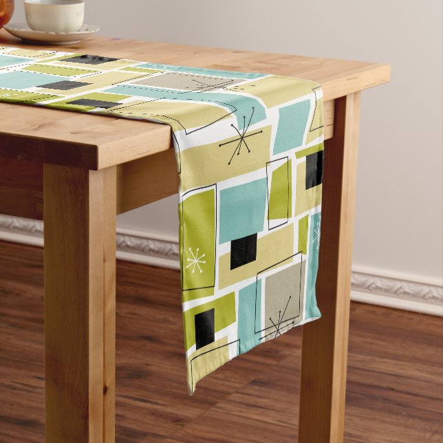 Yellow Blue Retro Squares Starburst Mid-century Short Table Runner (In Situ)