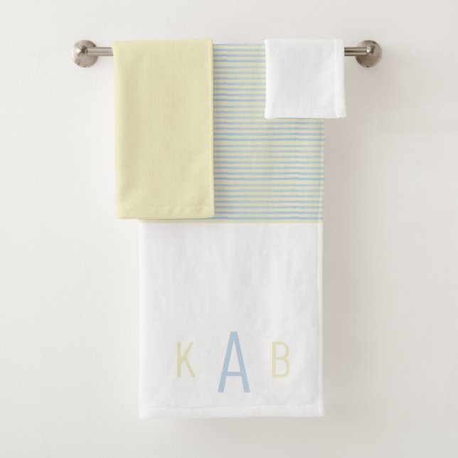 Yellow & Blue Stripe Personalised Bath Towel set. (Insitu)