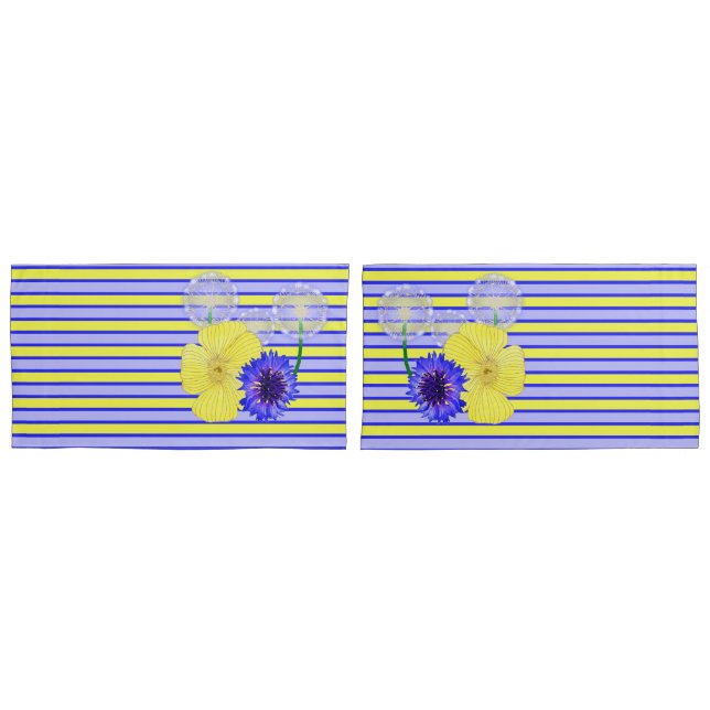 Yellow Blue Stripes Cornflowers Buttercups Pillowcase (Front-Set)
