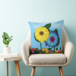 Yellow & Blue Sunflowers Illustration Cushion