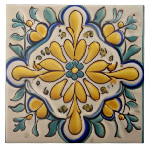 Yellow & Blue Symmetrical Abstract Mediterranean Ceramic Tile
