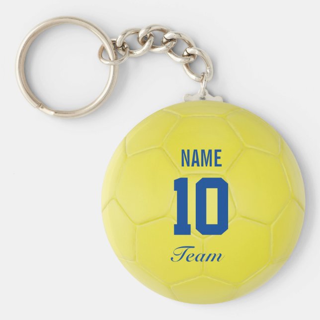 Yellow Blue Team Soccer Ball Personalised Name Key Ring (Front)