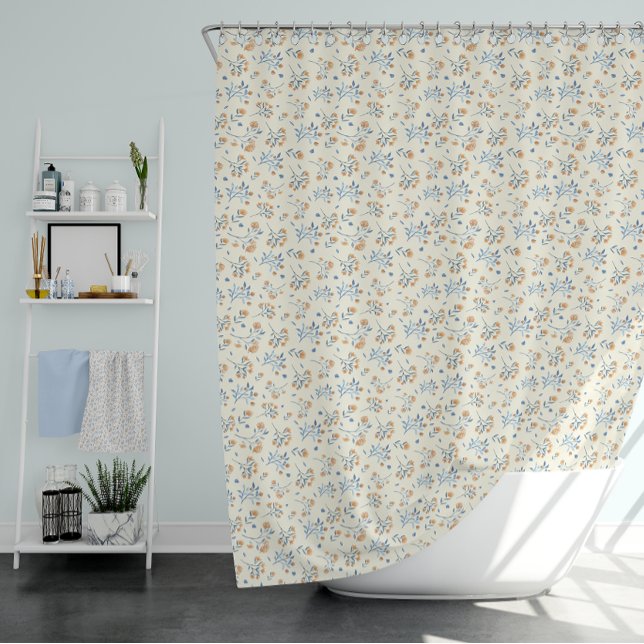 Yellow Blue Vintage Wildflower Pattern   Shower Curtain (Yellow Blue Vintage Wildflower Pattern Shower Curtain)