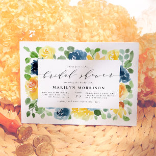 Yellow & Blue Watercolor Floral Bridal Shower Invitation