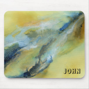 Yellow Blue White Abstract Marble Art Mouse Pad
