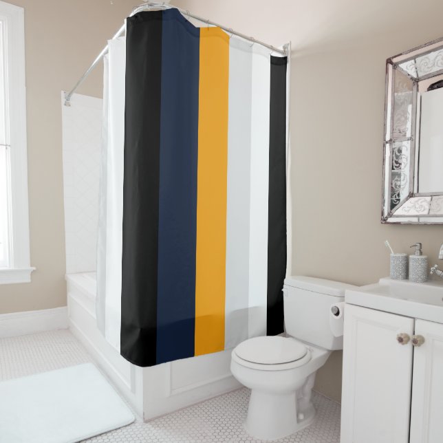 Yellow, blue, white, and black stripes shower curtain (In Situ)