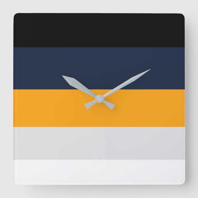 Yellow, blue, white, and black stripes square wall clock (Front)
