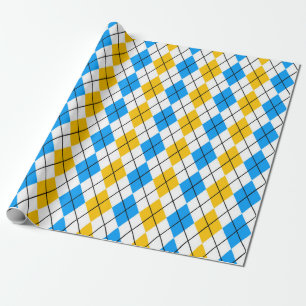Yellow Blue White Argyle Diamond Design Wrapping Paper