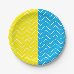 Yellow Blue White Chevron Colour Block Pattern Paper Plate