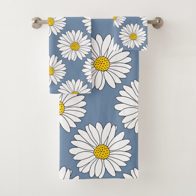 Yellow Blue White Daisy Pattern Bath Towel Set (Insitu)