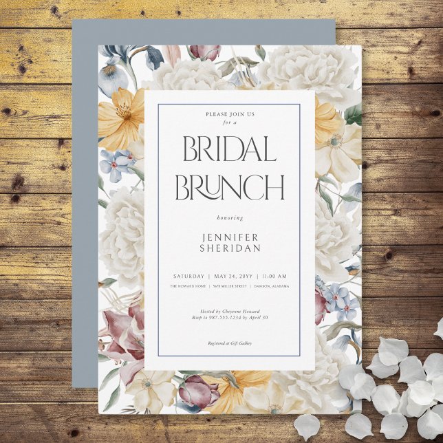 Yellow Blue & White Floral White Bridal Brunch Invitation (Yellow Blue & White Floral White Bridal Brunch Invitation)