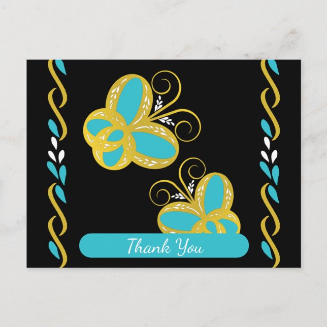 Yellow, blue, white flying butterflies Thank You Postcard (Front)