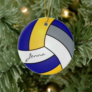 Yellow, Blue, White & Grey Personalise Volleyball Ceramic Ornament
