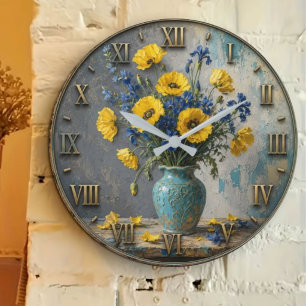 Yellow & Blue Wildflower Elegant Botanical Vase De Large Clock