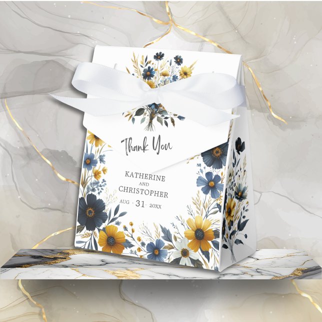 Yellow Blue Wildflower Elegant Wedding Thank You Favour Box (Blue Yellow Elegant Wildflower Thank You Favor Box with White Bow for wedding gifts or treats.)