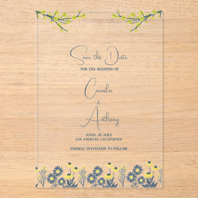 Yellow Blue Wildflower Floral Boho Wedding Acrylic Invitations (Front)