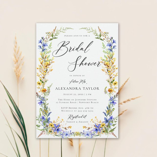 Yellow Blue Wildflowers Boho Floral Bridal Shower Invitation (yellow wildflowers bridal shower invitation elegant rustic modern boho romantic floral frame)