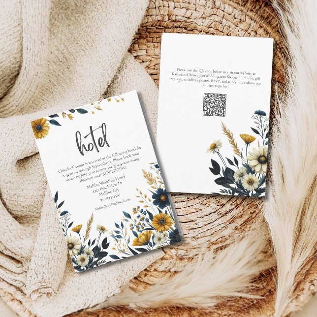 Yellow Blue Wildflowers Formal Wedding Hotel Enclosure Card (Wedding Hotel Details with Yellow and Dark Blue Wildflowers and QR Code for Wedding Website.)