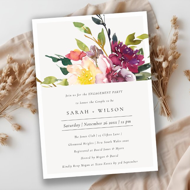 Yellow Blush Burgundy Floral Engagement Invite (Creator Uploaded)
