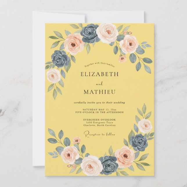 Yellow Blush Floral Romantic Wedding Invitation (Front)