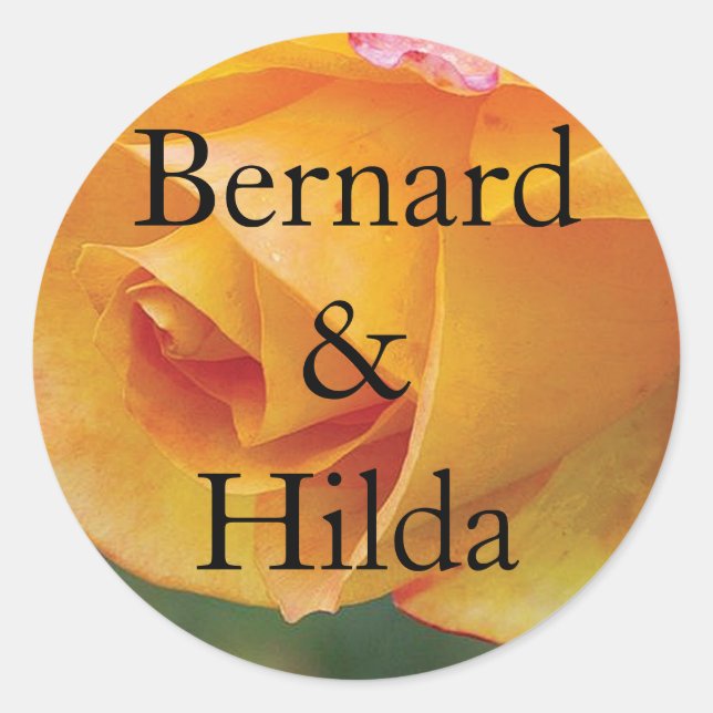 Yellow Blushing Rose Personalised Wedding Classic Round Sticker (Front)