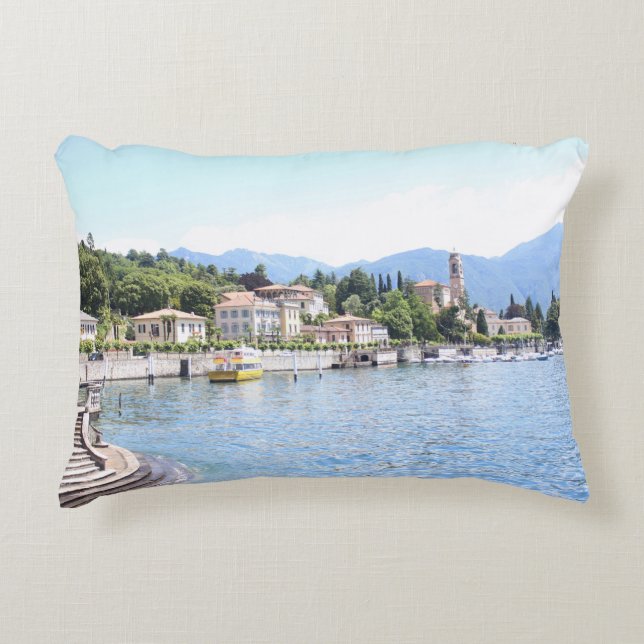 YELLOW BOAT DOCKED NEAR BUILDING DECORATIVE CUSHION (Front)