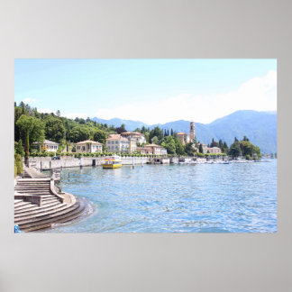 YELLOW BOAT DOCKED NEAR BUILDING POSTER