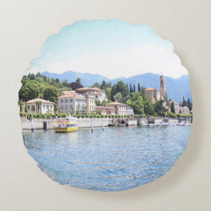 YELLOW BOAT DOCKED NEAR BUILDING ROUND CUSHION