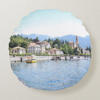 YELLOW BOAT DOCKED NEAR BUILDING ROUND CUSHION