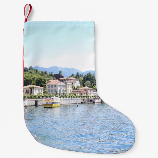 YELLOW BOAT DOCKED NEAR BUILDING SMALL CHRISTMAS STOCKING (Front)
