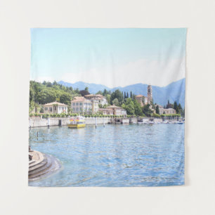 YELLOW BOAT DOCKED NEAR BUILDING TAPESTRY