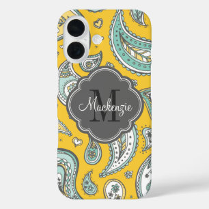 Yellow Bohemian Paisley Custom Monogram iPhone 16 Case