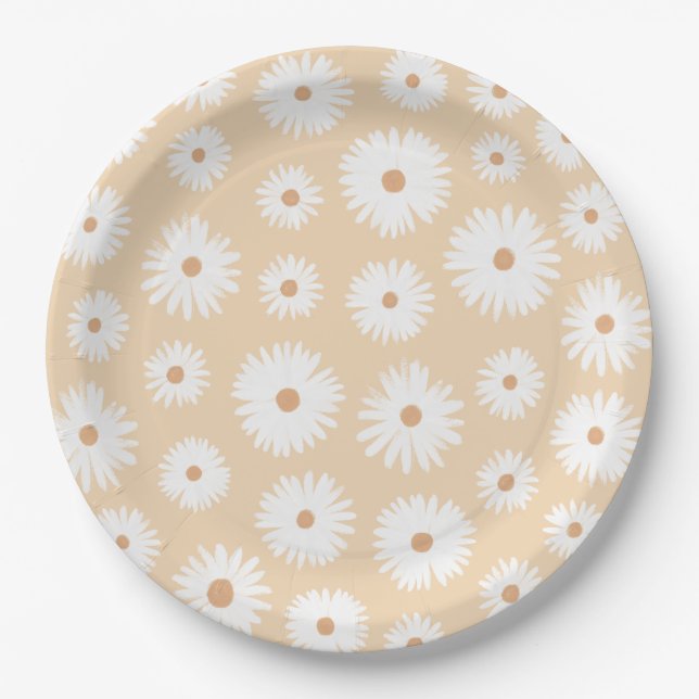 Yellow Boho Daisy Floral Girl Baby Shower Paper Plate (Front)