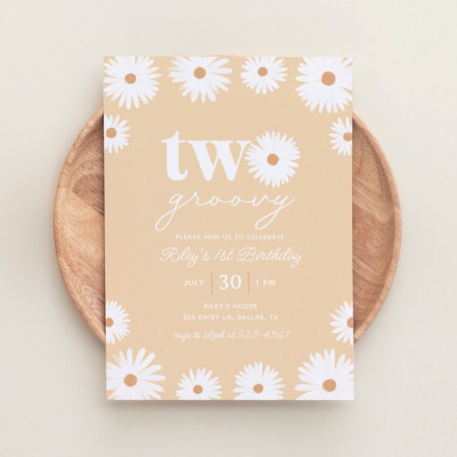 Yellow Boho Daisy Two Groovy 2nd Birthday Party Invitation (Creator Uploaded)