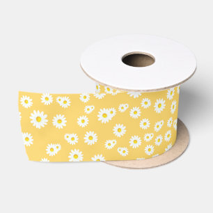 Yellow Boho Spring Daisies Pattern Satin Ribbon