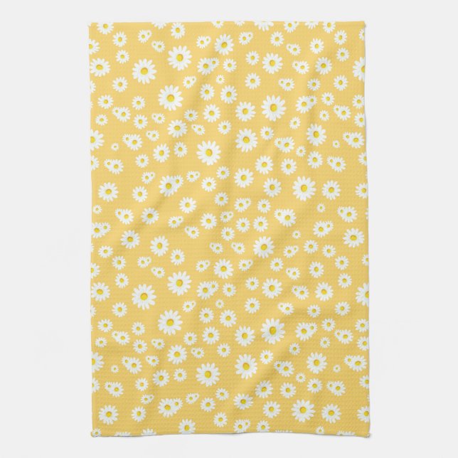 Yellow Boho Spring Daisies Pattern Tea Towel (Vertical)