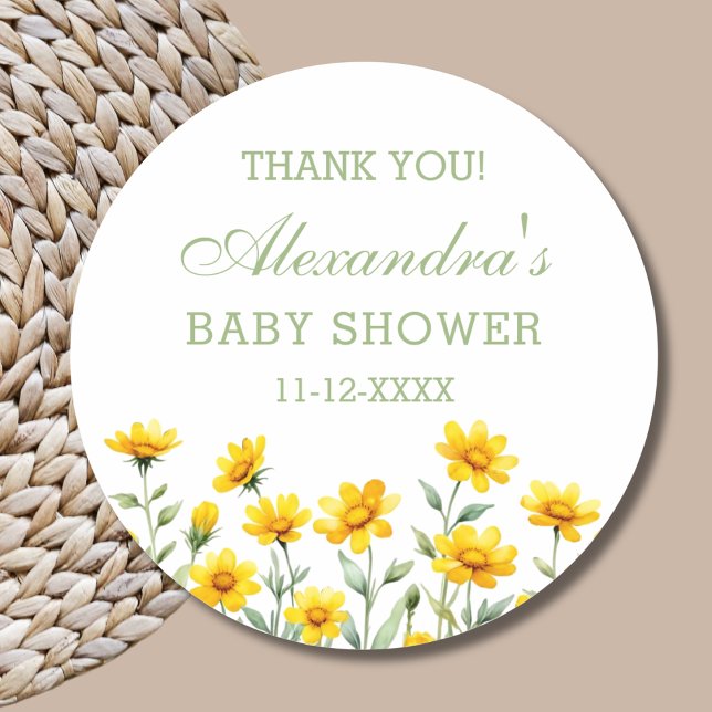 Yellow Boho Wildflower Baby Shower Thank You Classic Round Sticker (Creator Uploaded)