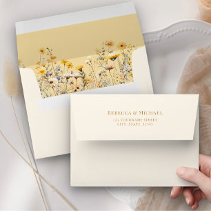 Yellow Boho Wildflower Floral Cream Wedding Envelope