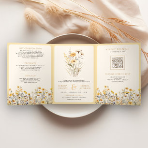 Yellow Boho Wildflower Photo QR Code Wedding Tri-Fold Invitation