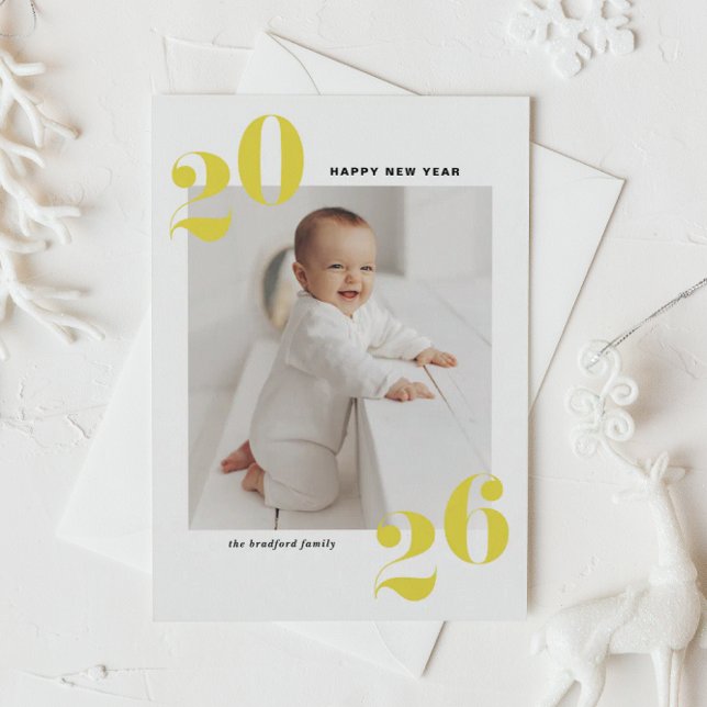 Yellow Bold Typography 2025 New Year Photo Holiday Postcard (Customizable modern photo Happy New Year card featuring 2026 in yellow retro bold typography.)