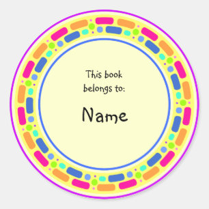 Yellow bookplate with colourful border classic round sticker