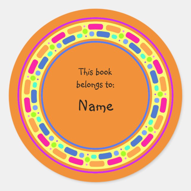 Yellow bookplate with colourful border classic round sticker (Front)