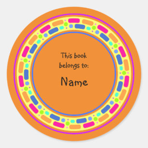 Yellow bookplate with colourful border classic round sticker
