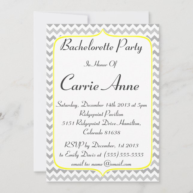 Yellow Border and Grey Chevron Bachelorette Party Invitation (Front)