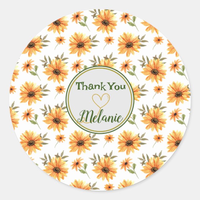 Yellow Botanical Sunflower Name Personalised Gift Classic Round Sticker (Front)